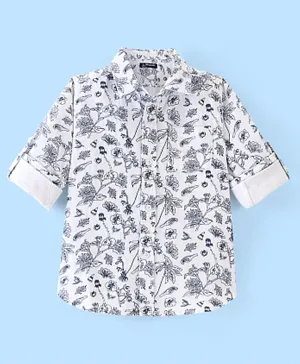 باين كيدز قميص قطن مطبوع برسومات زهور كوردروي بأكمام طويلة قابلة للطي - أبيض