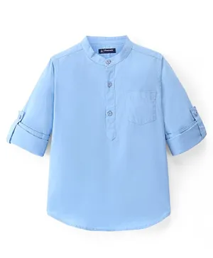 Pine Kids Cotton Roll Up Full Sleeves Mandarin Collar Half Placket Shirt- Sky Blue