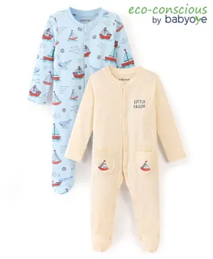 Babyoye 100% Cotton With Eco Jiva Finish Full Sleeves Sleep Suit Boat Print Pack Of 2 - Blue & Yellow