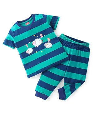 Babyhug Single Jersey Knit Half Sleeves Nightsuit Striped - Green & Navy Blue