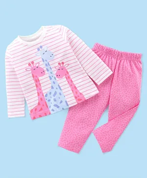 Babyhug Cotton Knit Full Sleeves Night Suit With Giraffe Print & Striped - Pink