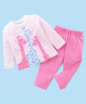 Babyhug Cotton Knit Full Sleeves Night Suit With Giraffe Print & Striped - Pink