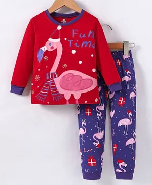SAPS Round Neck Full Sleeves Fun Time Print Night Suit - Red & Blue