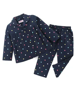 Babyhug Cotton Woven Full Sleeves Night Suit Polka Dots Print - Navy Blue