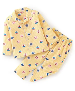 Babyhug Cotton Woven Full Sleeves Night Suit With Boat Print - Yellow