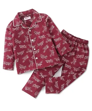Babyhug Cotton Woven Full Sleeves Night Suit With Airplane Print - Maroon
