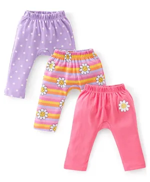 Babyhug Interlock Cotton Knit Full Length Floral Print Diaper Pants Pack Of 3 - Multi Color