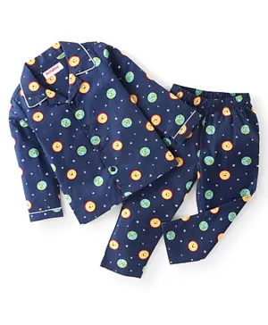 Cucumber Cotton Woven Full Sleeves Night Suit Star Print - Navy Blue