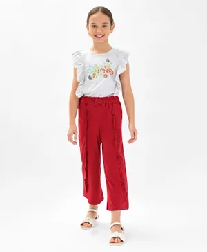 Ollington St. Cotton Frill Sleeves Top & Culottes Set with Floral Embroidery - Grey & Red