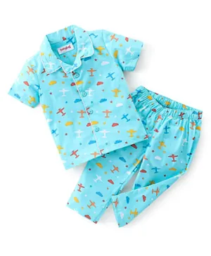 Babyhug Poplin Woven Half Sleeves Night Suit/Co-ord Set Aeroplane Print - Blue