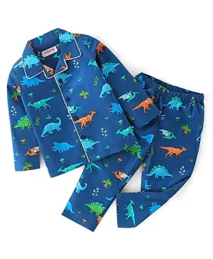 Babyhug Cotton Woven Full Sleeves Night Suit With Dino Print - Blue