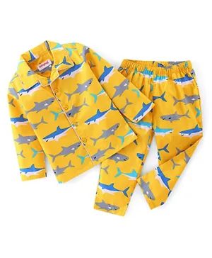 Babyhug Cotton Woven Full Sleeves Night Suit With Sharks Print - Yellow