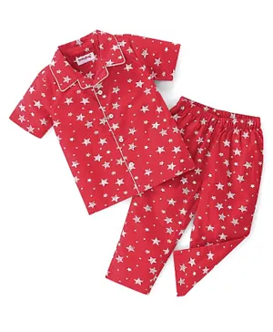Babyhug Cotton Woven Half Sleeves Night Suit With Star Print - Red & White