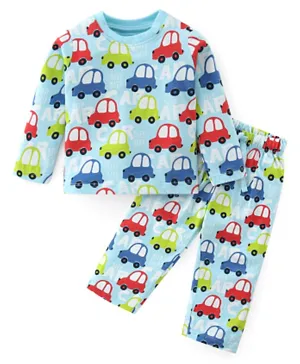 Babyhug Cotton Single Jersey Knit Full Sleeves Night Suit Car Print - Blue