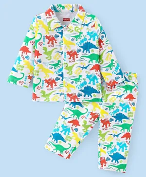 Babyhug Cotton Knit Full Sleeves Night Suit With Dino Print - White