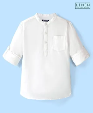 Pine Kids Linen Full Sleeves Solid Color Kurta Shirt - White