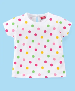 Babyhug 100% Cotton Knit Half Sleeves Top With Polka Dot Graphics - White