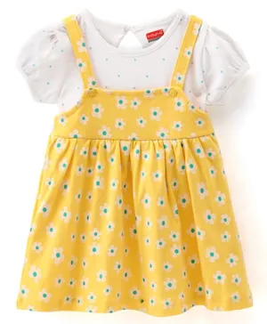 Babyhug Interlock Cotton Knit Half Sleeves Frock Floral Print - Yellow & White