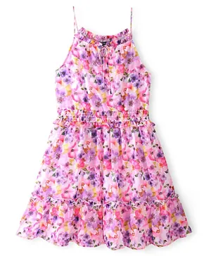 Pine Kids Woven Sleeveless All Over Floral Printed Tiered Dress - Purple