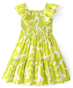 Pine Kids 100% Cotton Woven Ruffled Sleeves All Over Abstract Printed Smoked Dress - Lime Green