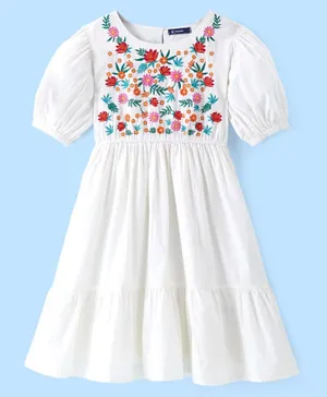 Pine Kids Cotton Half Sleeves Frock with Floral Embroidery - White