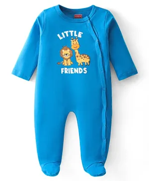 Babyhug Interlock Full Sleeve Footed Sleep Suit Lion & Giraffe Print - Blue