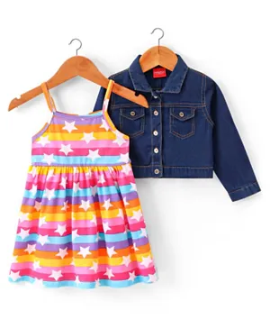 Babyhug 100% Cotton Knit Frock With Full Sleeves Denim Jacket Star Print- Multicolour