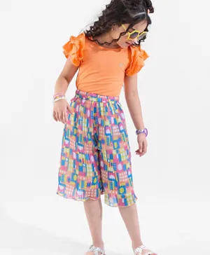 Ollington St. 100% Cotton Knit Half Sleeve Top & Culottes Shapes Print - Pink Blue & Orange