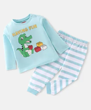 Babyhug Cotton Knit Full Sleeves Night Suit With Dino Print - Blue & White