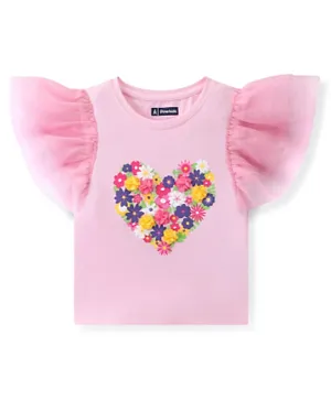 Pine Kids Cotton Ruffled Half Sleeves Top with Floral Print & Embroidery - Pink