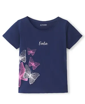 Pine Kids Cotton Knit Half Sleeves T-Shirt Glittery Butterfly Print - Navy Peony