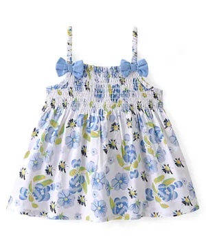 Babyhug 100% Cotton WovenSleeveless Singlet  Top with Smocking & Bow Detailing Floral Print - Blue