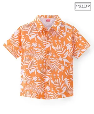 Babyhug 100% Cotton Knit Half Sleeves Regular Collar Leaf Printed Shirt - Brown