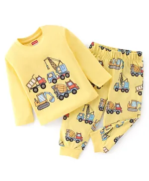 Babyhug Cotton Single Jersey Knit Full Sleeves Night Suit Construction Vehicle Print - Yellow