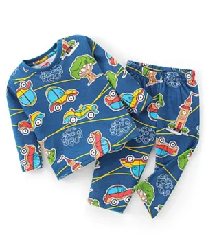 Babyhug Single Jersey Knit Full Sleeves Night Suit/Co-ord Set Car Print - Navy Blue