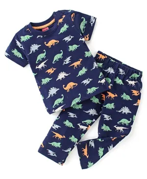 Babyhug Cotton Knit Single Jersey Half Sleeves Night Suit/Co-ord Set With Dino Print - Navy Blue
