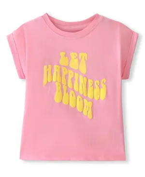Pine Kids Cotton Knit Half Sleeves T-Shirt Happiness Print - Pink