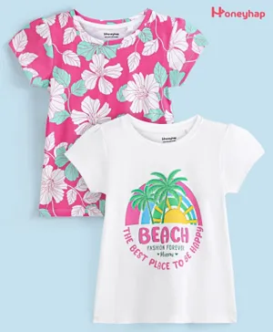 Honeyhap 2Pack Premium 100% Cotton Knit Half Sleeves Tops Floral & Beach Theme Text  Print- Magenta & Bright White