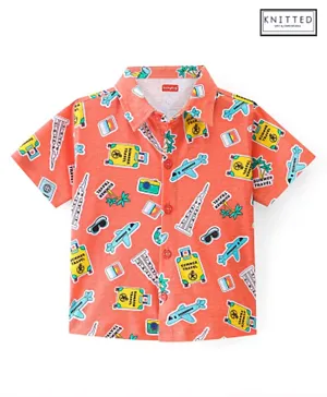 Babyhug 100% Cotton Knit Half Sleeve Shirt With Travel Theme Print - Peach