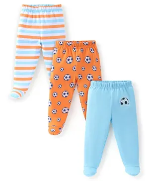 Babyhug Cotton Footed Bootie Leggings Stripes & Football Print Pack Of 3 - Blue & Orange