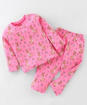 Babyhug Interlock Cotton Knit Full Sleeves Fawn Print Night Suit - Pink