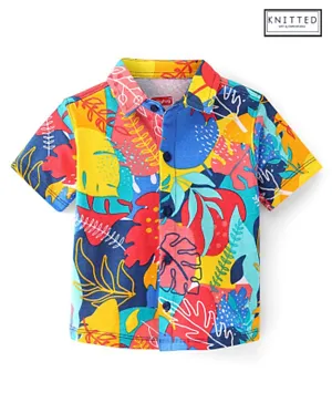Babyhug 100% Cotton Knit Half Sleeves Regular Collar Shirt With Leaf Print- Multicolor
