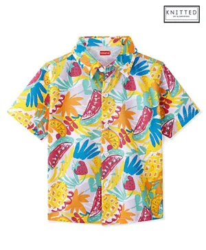 Babyhug Cotton Knitted Half Sleeves  Regular Collar Shirt Fruits Printed  - Blue & Yellow