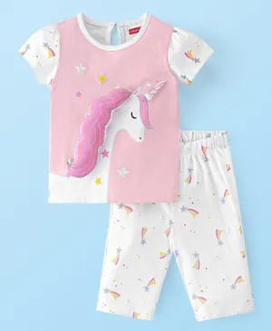 Babyhug Cotton Knit Single Jersey Half Sleeves Capri Night Suit/Co-ord Set With Unicorn Applique - Pink & White