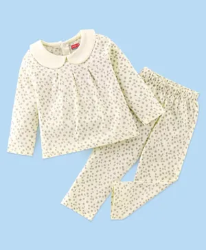 Babyhug Single Jersey Knit Full Sleeves Night Suit Floral Print - Off White