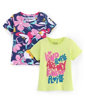 Honeyhap Premium Cotton Half Sleeves Floral Print T-Shirt with Bio Finish - Navy Peony & Sunny Lime