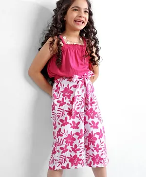 Ollington St. 100% Cotton Singlet Top & Woven Culottes Set With Floral Print - Pink
