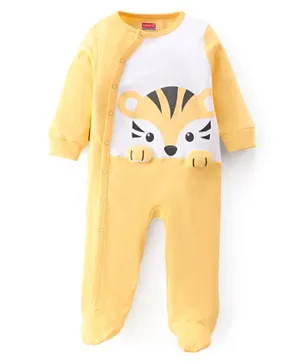 Babyhug Cotton Interlock Knit Full Sleeves Tiger Printed Footed Sleepsuit - Yellow