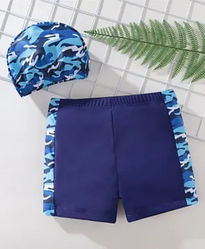 Pine Kids Waves Printed Swimming Trunk with Cap - Navy Blue