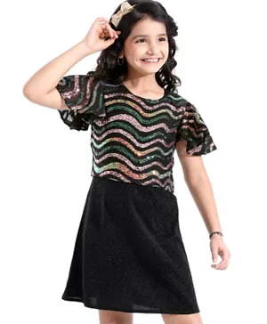Hola Bonita Half Sleeves Knee Length Sequin and  Shimmer Layered Party Dress - Black